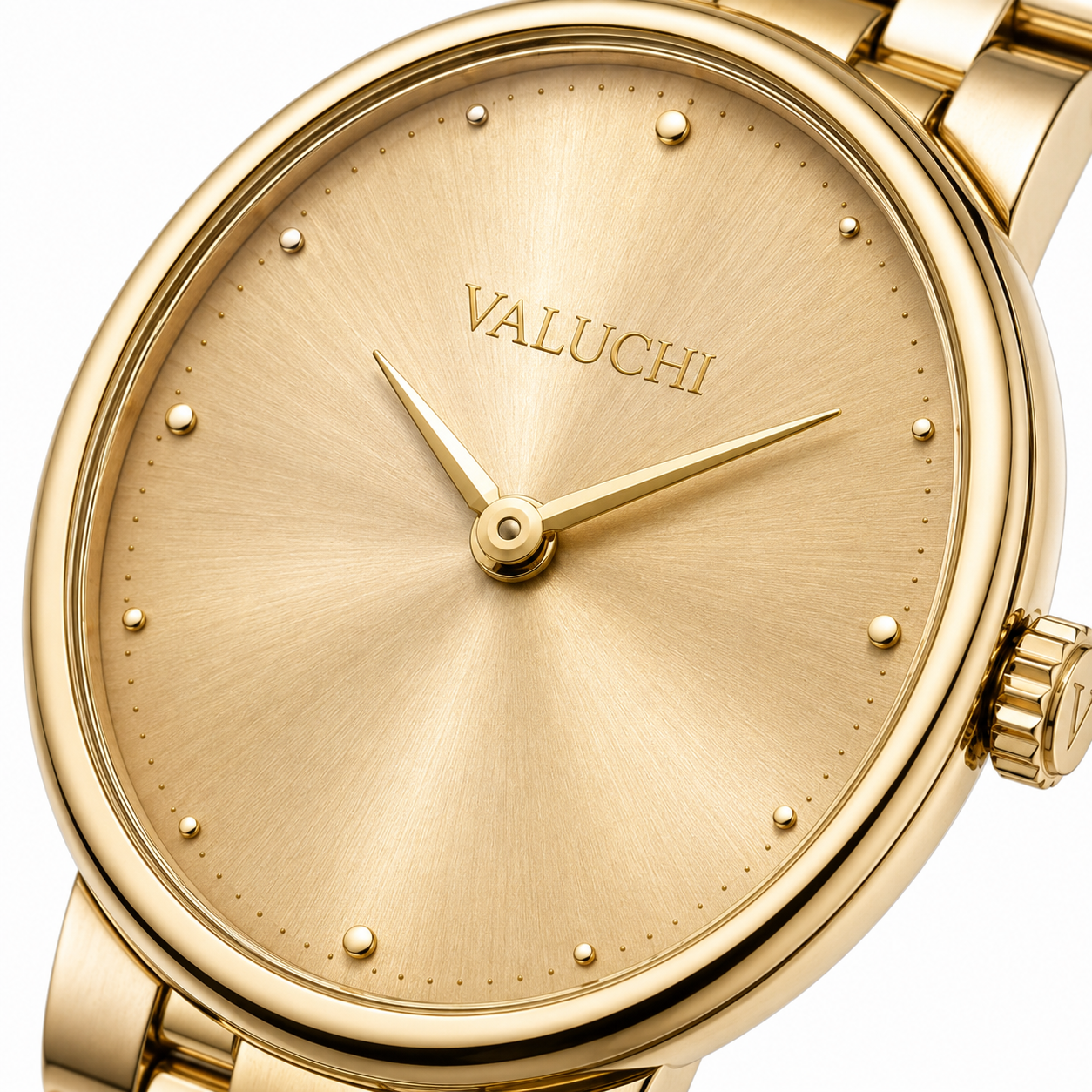 Gold-tone stainless steel watch with a round bezel, matching gold-tone dial, hands, hour markers, and link bracelet. The brand name 'VALUCHI' is printed on the dial.