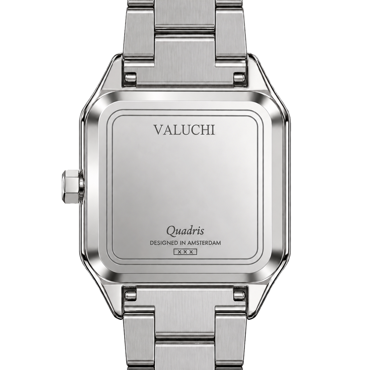 The back of a Valuchi Quadris wristwatch with a brushed stainless steel case and integrated metal link bracelet, shown on a solid white background.