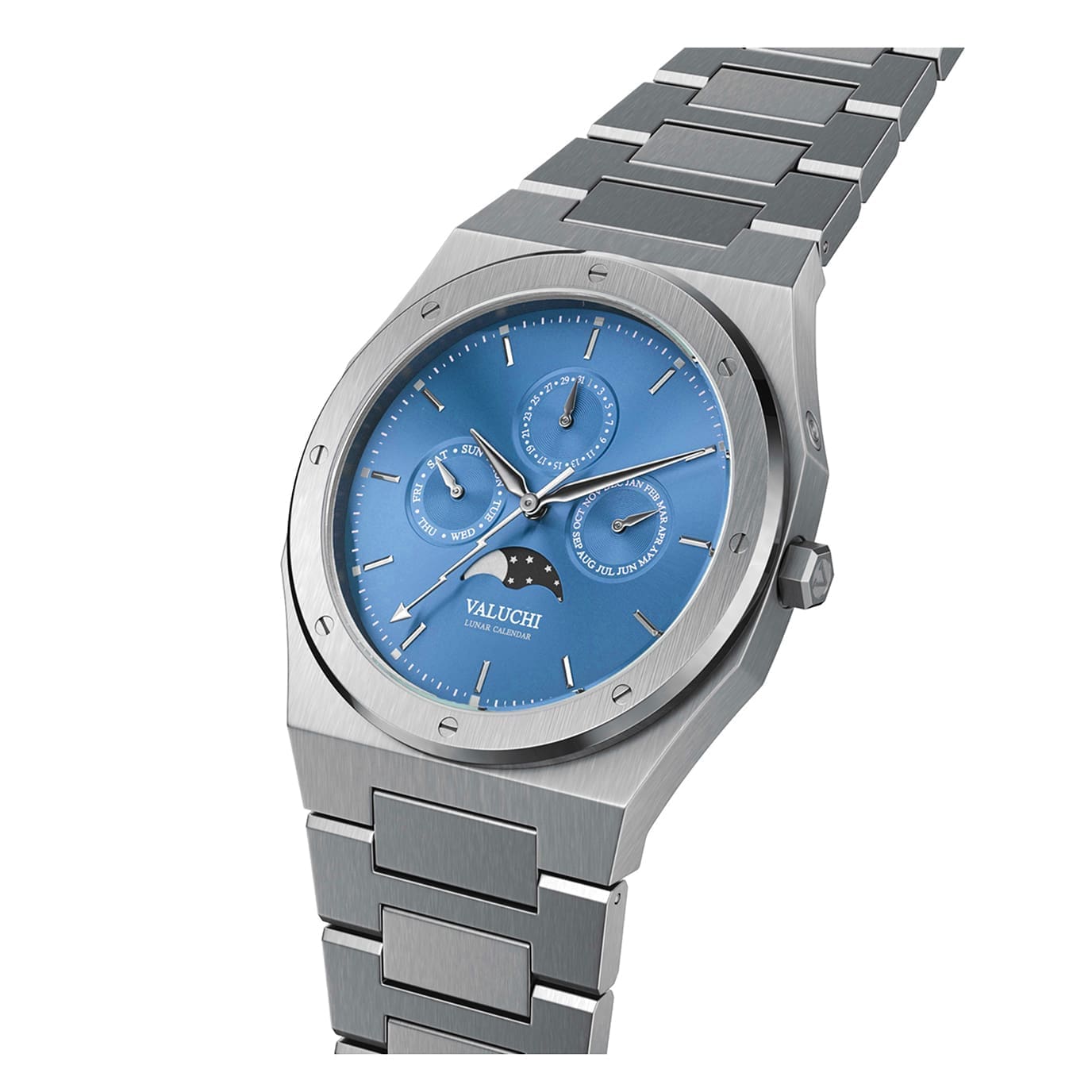 Silver Lunar Calendar Watch with blue dial - 40mm - Valuchi