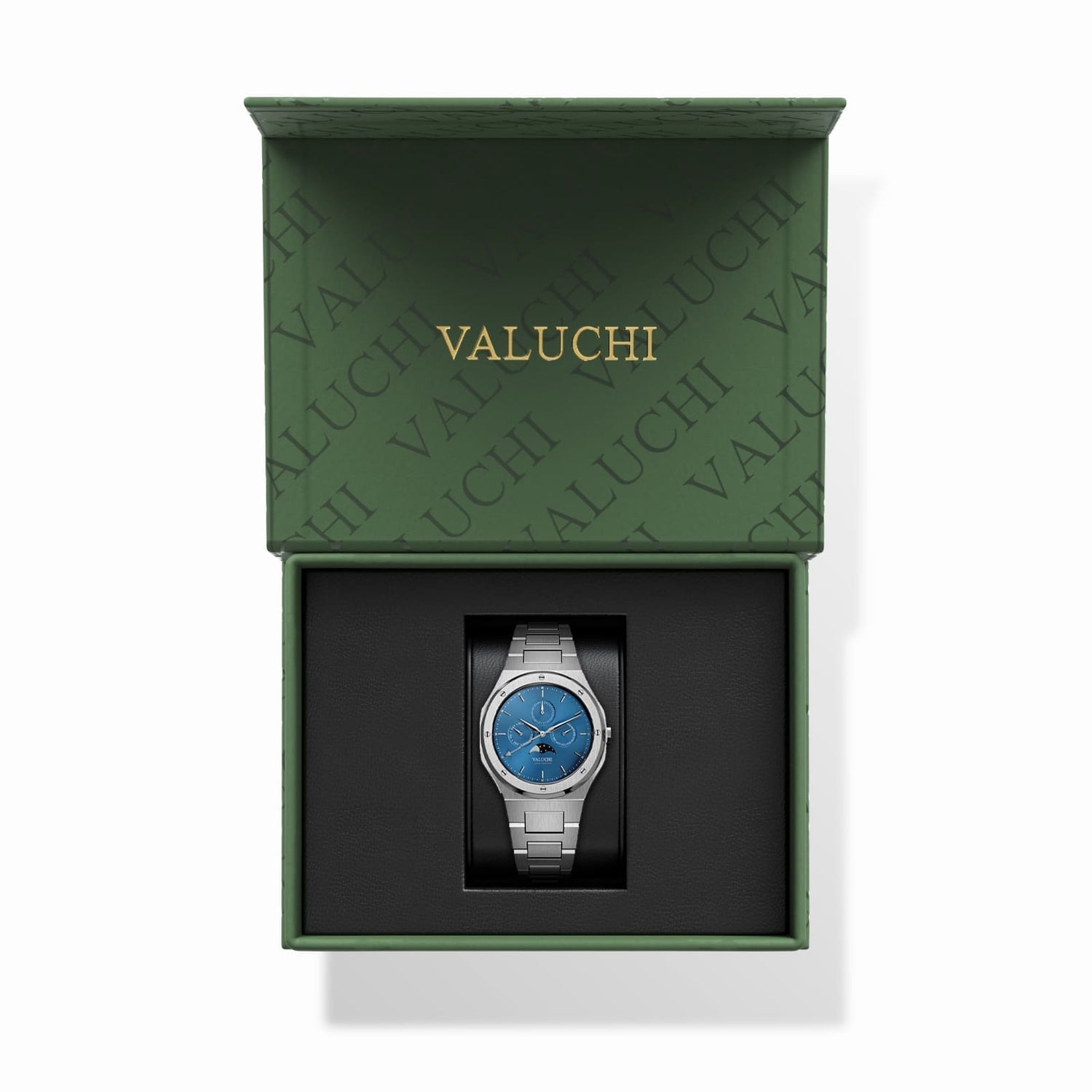 Silver Lunar Calendar Watch with blue dial - 40mm - Valuchi