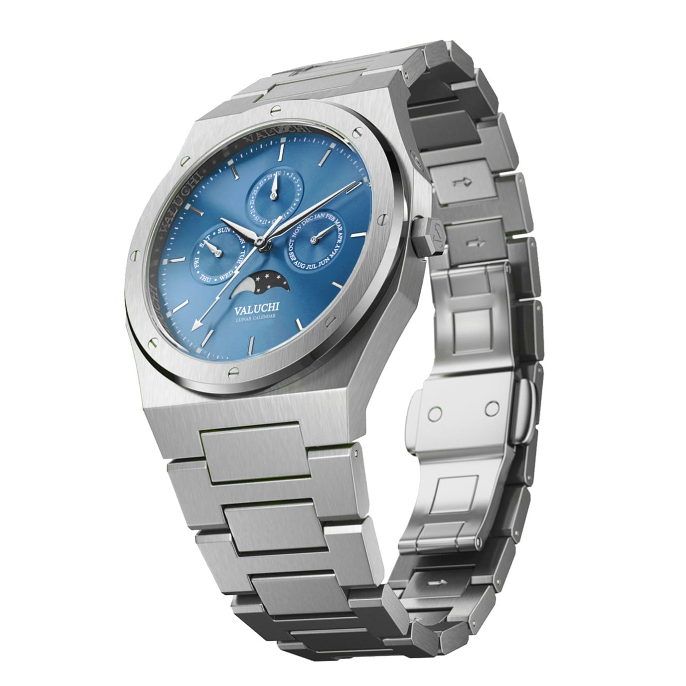 Silver Lunar Calendar Watch with blue dial - 40mm - Valuchi