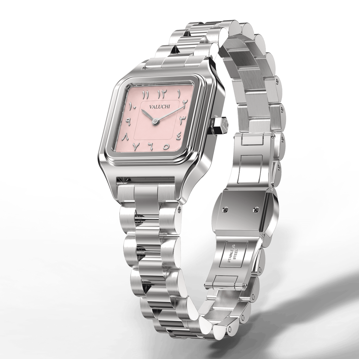 Silver square women’s watch with pink Arabic numeral dial and stainless-steel bracelet