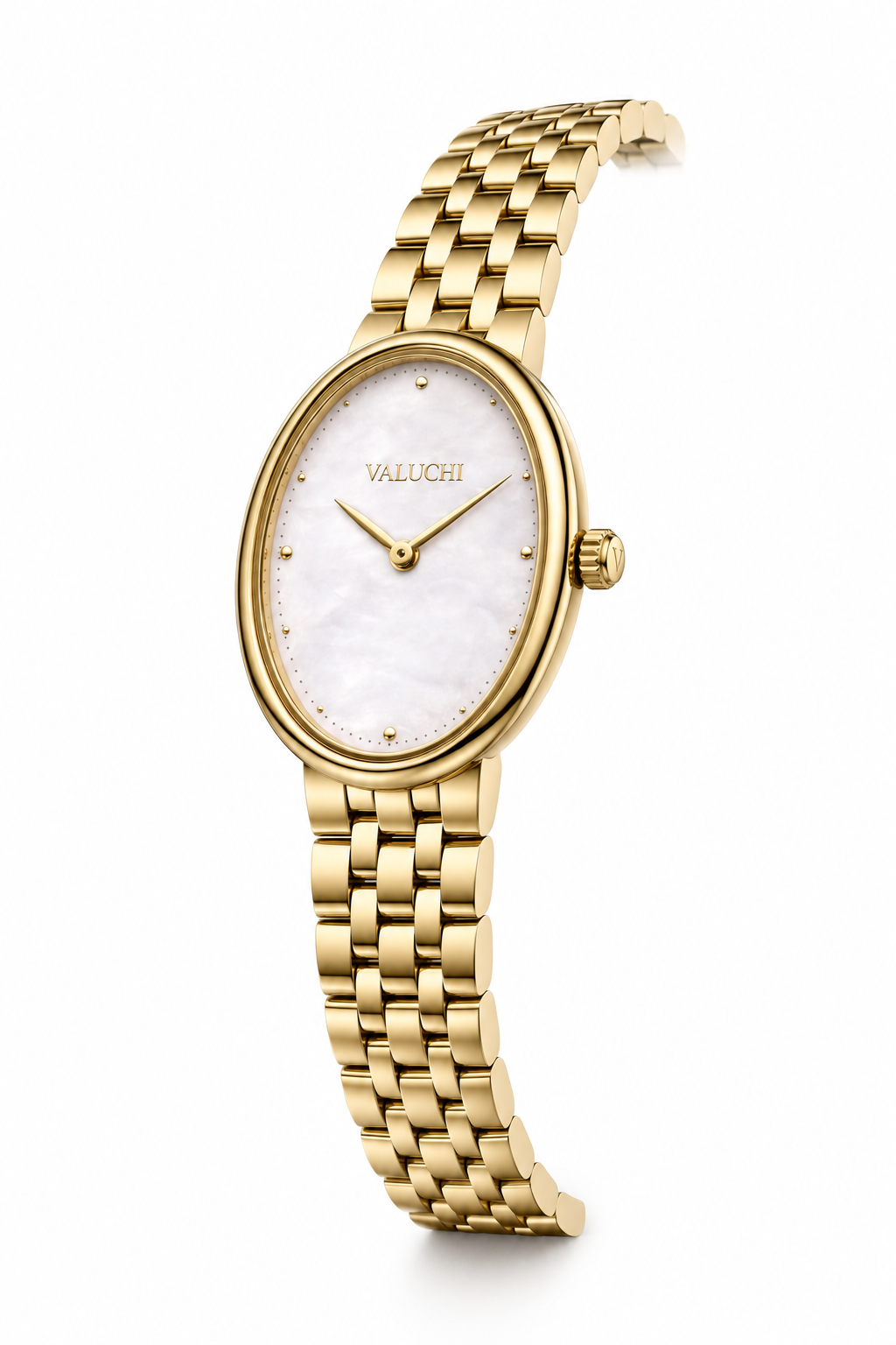 A gold-tone oval Valuchy watch with a white mother-of-pearl dial and a matching gold-tone metal link bracelet, shown on a clean white background.