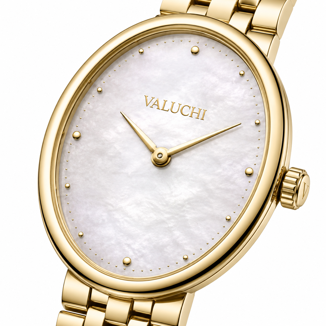 Close-up of the Valuchi gold oval watch with white mother-of-pearl dial