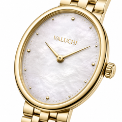 Close-up of the Valuchi gold oval watch with white mother-of-pearl dial