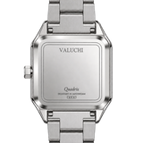 The back of a Valuchi Quadris wristwatch with a brushed stainless steel case and integrated metal link bracelet, shown on a solid white background.