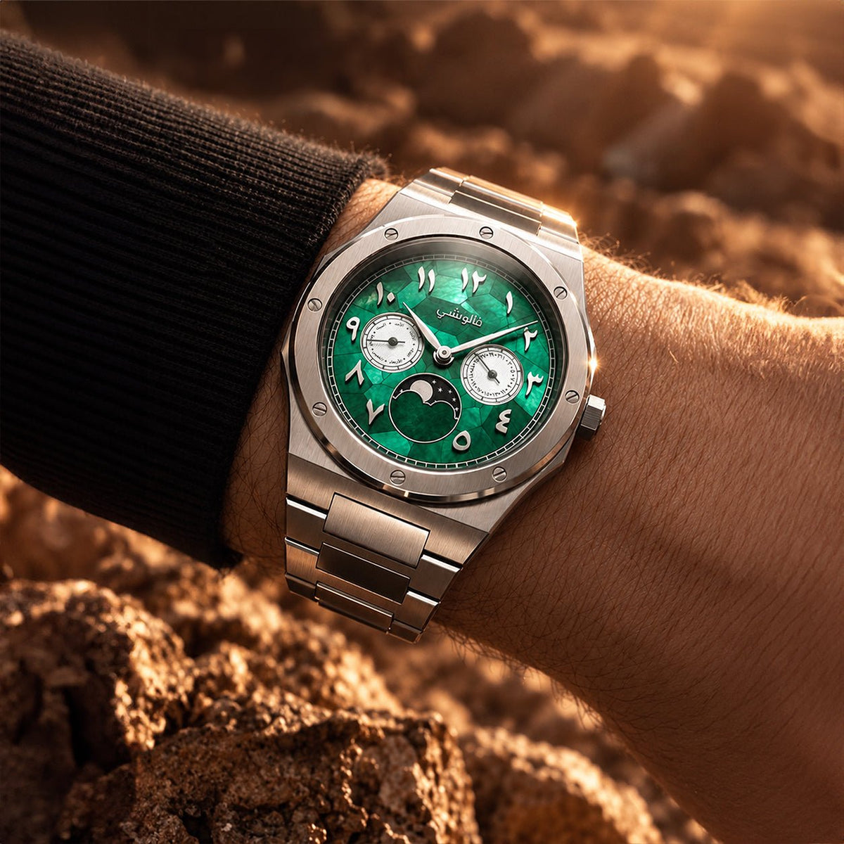 Saudi limited edition men's watch with Arabic numerals and green mosaic dial by Valuchi