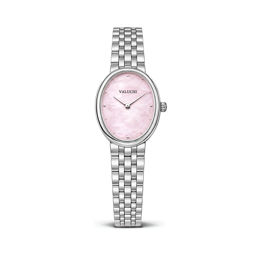 Small silver oval watch for women with pink dial