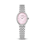Small silver oval watch for women with pink dial