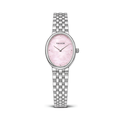 Small silver oval watch for women with pink dial