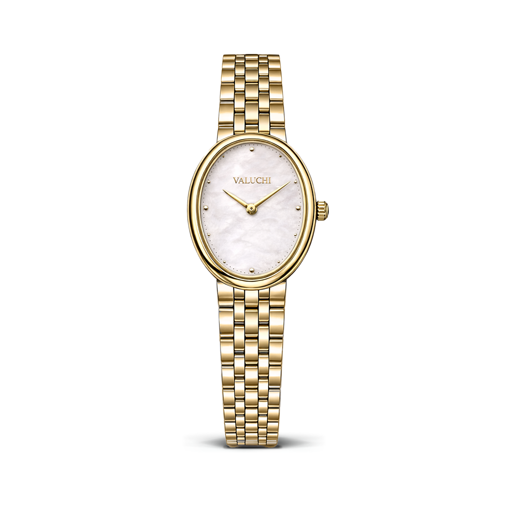 A Valuchi women's watch featuring an oval gold-tone case, a white mother-of-pearl dial with gold-tone hands and markers, and a matching gold-tone link bracelet, shown against a plain white background.