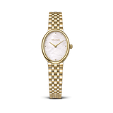 A Valuchi women's watch featuring an oval gold-tone case, a white mother-of-pearl dial with gold-tone hands and markers, and a matching gold-tone link bracelet, shown against a plain white background.