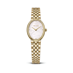 A Valuchi women's watch featuring an oval gold-tone case, a white mother-of-pearl dial with gold-tone hands and markers, and a matching gold-tone link bracelet, shown against a plain white background.