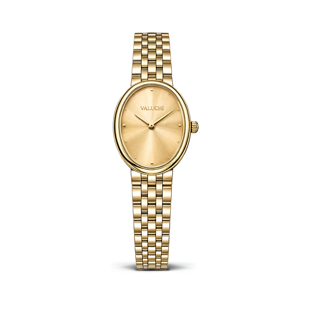 A gold-tone women's watch by Valuchi, featuring an oval dial with a matching gold sunburst finish, slim hands, and a gold link bracelet, shown against a plain white background.