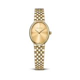 A gold-tone women's watch by Valuchi, featuring an oval dial with a matching gold sunburst finish, slim hands, and a gold link bracelet, shown against a plain white background.