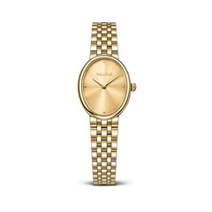 A gold-tone women's watch by Valuchi, featuring an oval dial with a matching gold sunburst finish, slim hands, and a gold link bracelet, shown against a plain white background.