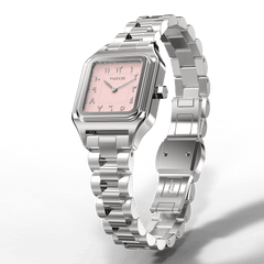 Silver square women’s watch with pink Arabic numeral dial and stainless-steel bracelet