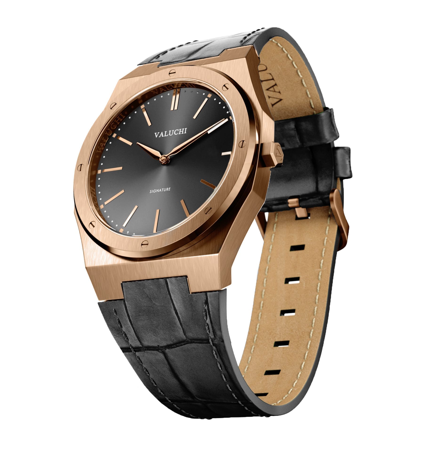 【美品】VALUCHI Rose Gold Black 自動巻き腕時計 Signature 40mm Rose Gold Leather Watch – Valuchi
